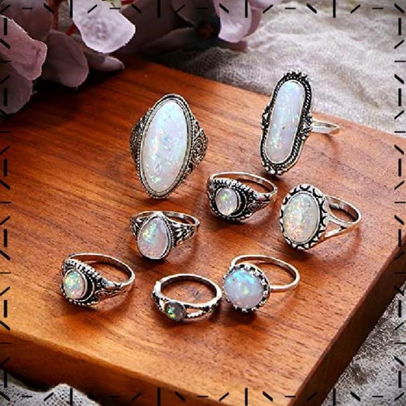 2/$20🌼 8 Pc. Faux Opal Sparkly Boho Ring Set NWOT - Picture 3 of 5